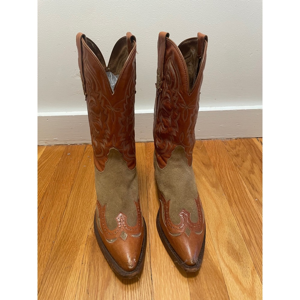 Vintage Leather Suede Cowboy Boots Made in USA Cognac Tan 8 B